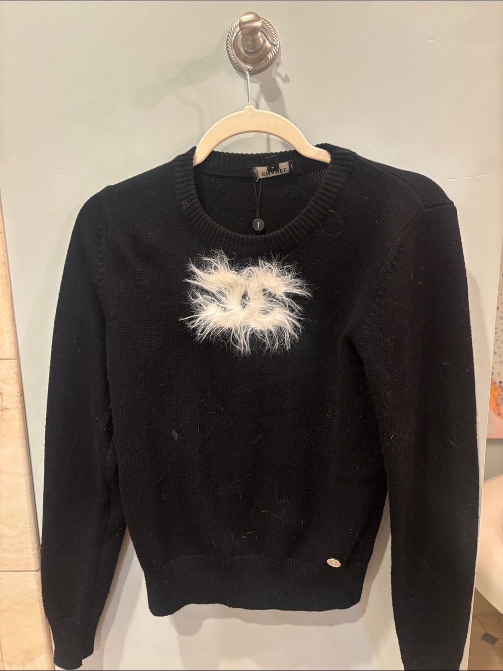 CHANEL Black Crewneck Sweater with White Faux-Fur Accent